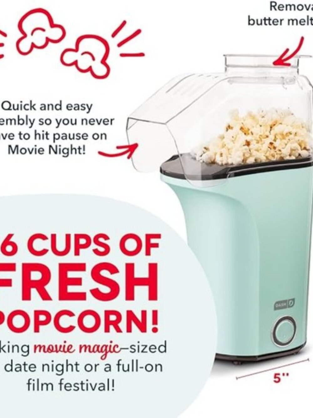 DASH Hot Air Popcorn Popper Maker with Measuring Cup 16 Cups- Aqua - Picture 4 of 8